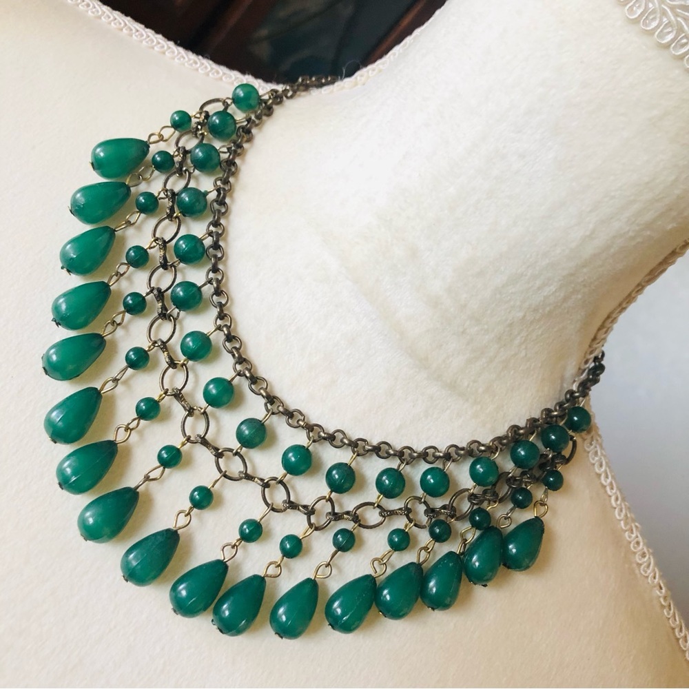 Aged brass green beaded fringe bib necklace